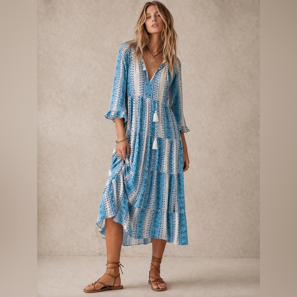 Blue Patterned Midi Dress with Tassel Tie